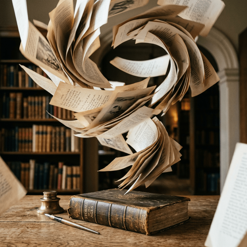 Open book with swirling vintage pages above a closed leather-bound book titled 'Stories of the Ages' on a wooden table with a quill pen and inkpot nearby in a library