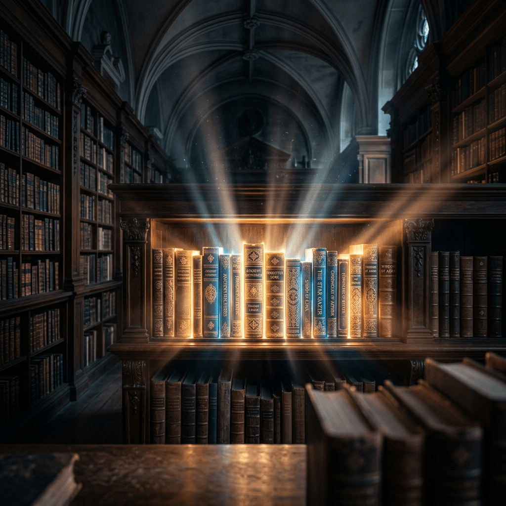 Old leather-bound books emitting glowing light on wooden shelf in historic library
