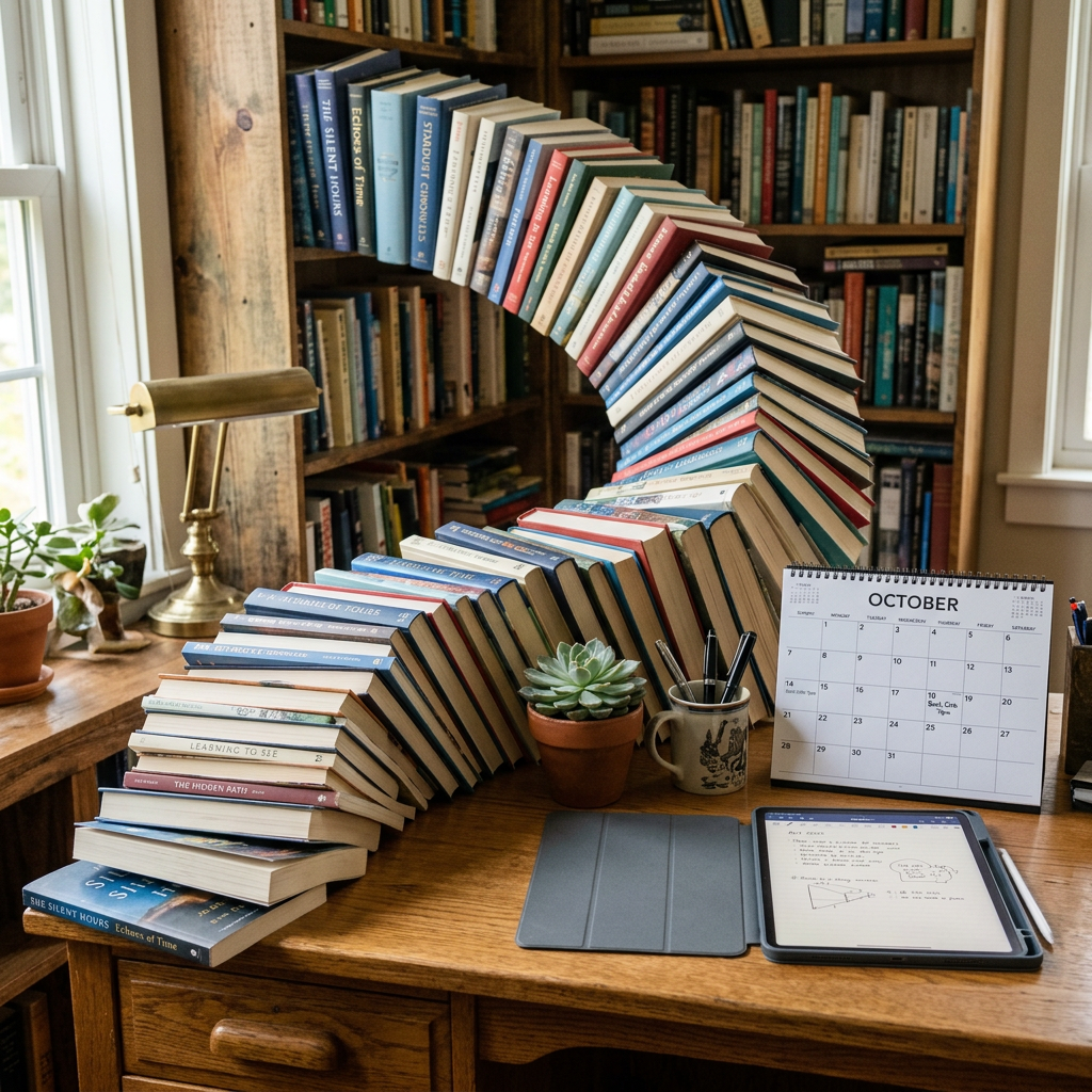 Books stacked in a curved arc over a wooden desk with a tablet, calendar, and plant