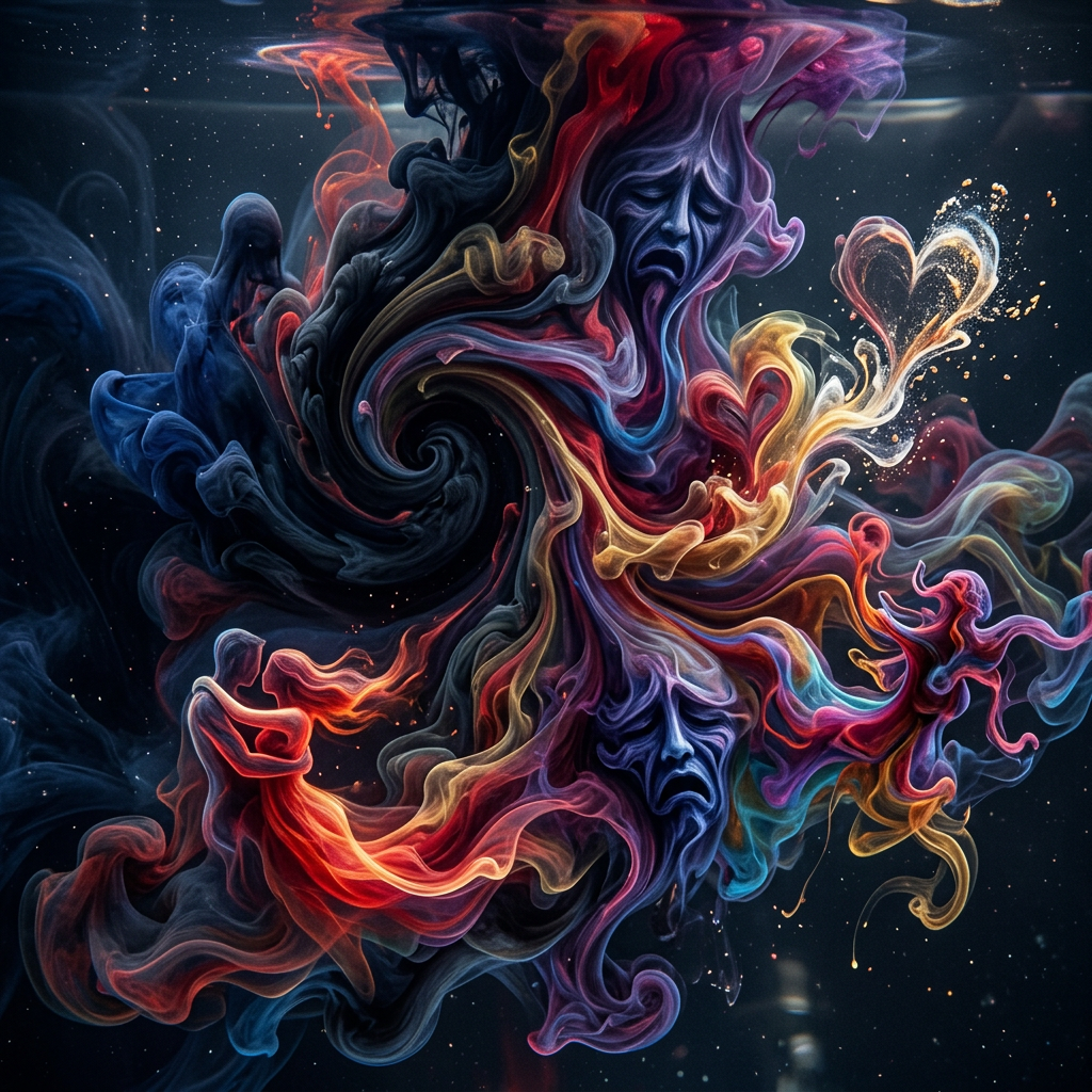 Abstract colorful swirling plumes forming sad faces and heart shapes